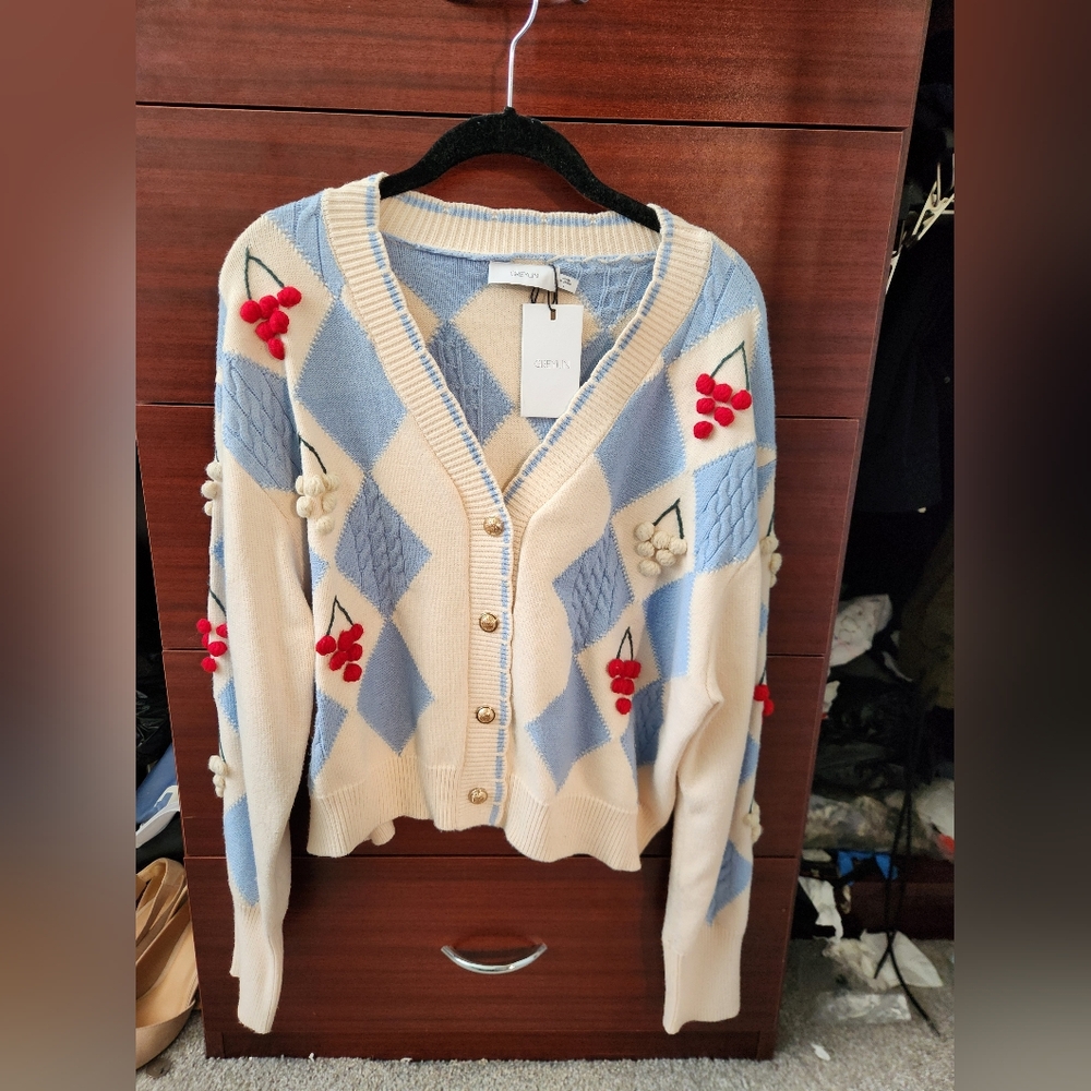 New Anthropologie Greylin Zena  Argyle Sweater with Cherry Accents L - Picture 3 of 5